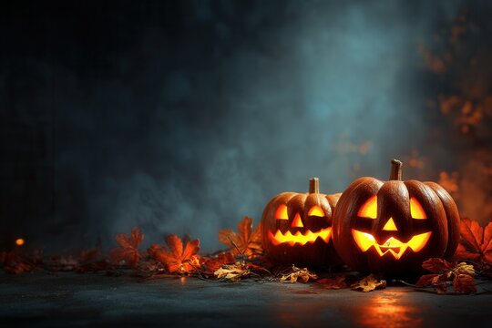 Two carved pumpkins with glowing faces sit among autumn leaves. A dark, smoky background enhances the Halloween atmosphere.