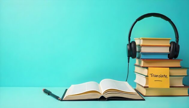 A blue backdrop showcases a stack of books, headphones, and a notebook, highlighting themes of translation and global communication