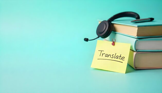 A blue background features a stack of books, headphones, and a notebook, representing communication and translation themes - Powered by Adobe