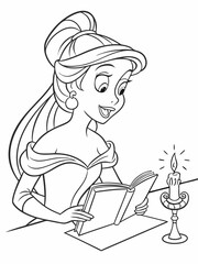 A beautiful fairytale maiden reading an open book by candlelight, a lovely and detailed printable coloring page for children
