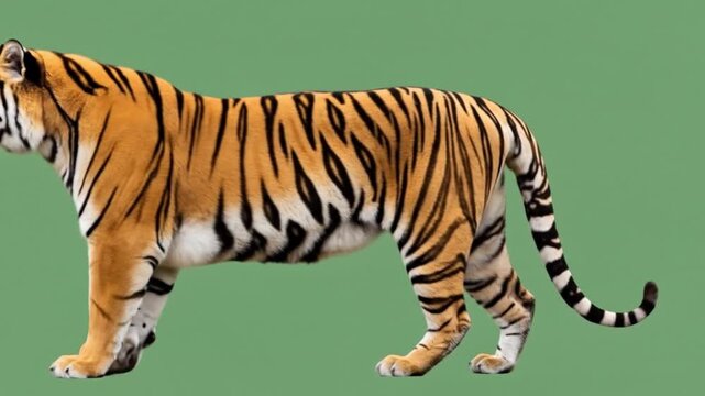Striped tiger walks on green background