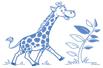 Animated Giraffe Walking with Plant Cartoon Style on White Background