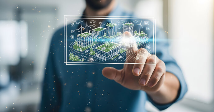 Businessman's hand touching a holographic sketch of a sustainable building complex, illustrating modern green architectural planning and technology.