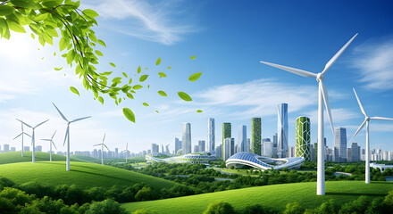 Idyllic futuristic green city with sustainable architecture and wind turbines on rolling hills, symbolizing a perfect harmony between technology and nature.