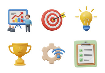 3d icon of business strategy icons including presentation, target, lightbulb, trophy, gear, and checklist isolated on transparent background