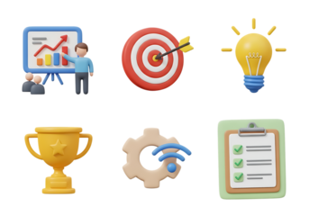 3d icon of business strategy icons including presentation, target, lightbulb, trophy, gear, and checklist isolated on transparent background