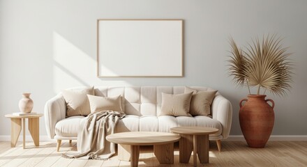 Minimalist Living Room Interior with Beige Sofa, Blank Frame, and Dried Palm Leaves