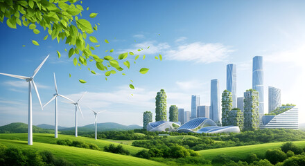 Vision of a futuristic eco-city with lush green buildings and wind turbines, representing sustainable urban development in harmony with nature under a clear blue sky.