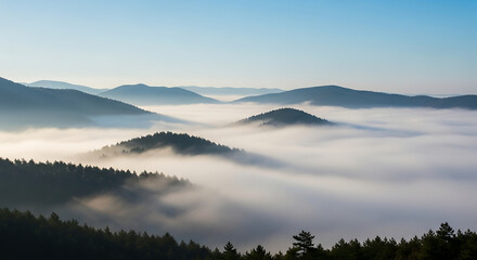 Obraz premium Vector illustration of rolling hills covered in fog at sunrise with clear blue sky above