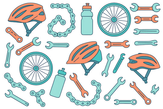 Bicycle helmets, tools, chains, and wheels in a clean cartoon style layout on isolated white background, concept of cycling gear collection. Ai generative