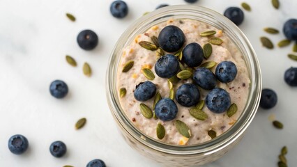 Breakfast For Intermittent Fasting Concept. Creamy oatmeal topped with blueberries and pumpkin seeds in a glass jar on a light surface.