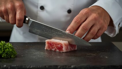 Chef skillfully slicing raw meat on a dark cutting board