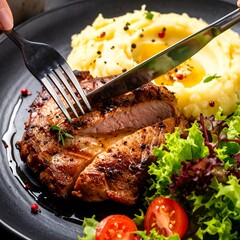 Grilled meat with mashed potatoes and salad