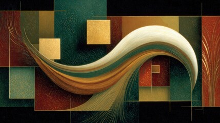 Abstract art teal, gold, copper squares frame a central cream, tan, brown wave with fine brushstrokes, creating a refined, textured, geometric design