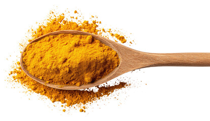 Wooden spoon brimming with vibrant yellow turmeric powder