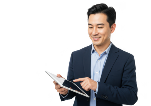 Asian man in suit and tie professionally reading a book with a focused expression transparent background