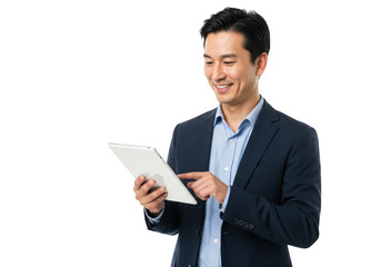 Asian businessman smiling while using a tablet device technology business professional transparent background