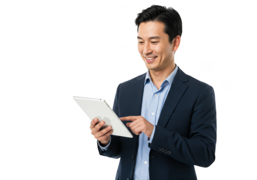 Asian businessman smiling while using a tablet device technology business professional transparent background