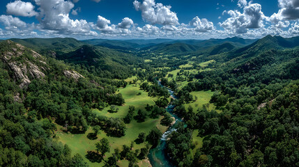 Scenic aerial view of a lush green valley with a river flowing through it 