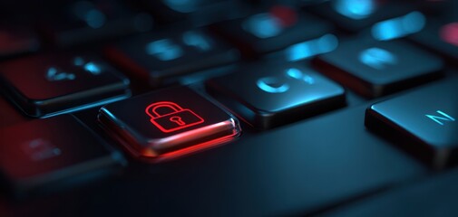The lock key on a backlit keyboard representing cybersecurity, encryption, and digital privacy