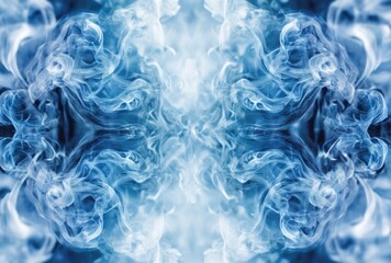 A symmetrical abstract image of blue and white smoke swirling creating a visually mesmerizing and ethereal pattern like a portal or a dreamscape