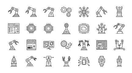 Collection of industrial robot arm and automation icons silhouette