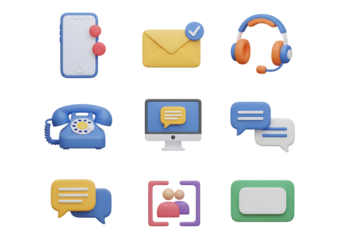 3d icon of communication and contact icons featuring phone, email, and chat isolated on transparent background