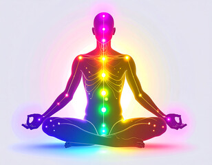 Meditation silhouette with seven chakra energy points glowing along spine, colorful aura and relaxed lotus posture
