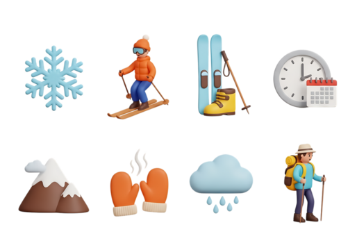3d icon of winter and outdoor activity icons including snow, skiing, and hiking isolated on transparent background