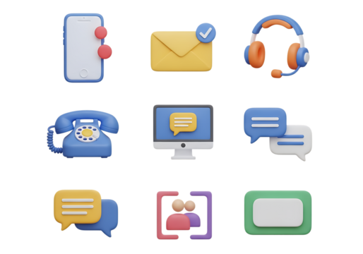 3d icon of communication and contact icons featuring phone, email, and chat isolated on transparent background