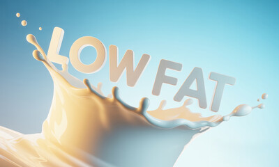 Fototapeta premium Dynamic low fat text emerging from a white liquid splash against a bright blue background