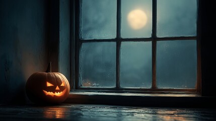 Glowing jack o lantern by an old window on a rainy night