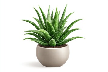 Green aloe vera plant in a light beige pot on a white background with visible potting soil and shadow effects, creating a clean and minimalist aesthetic