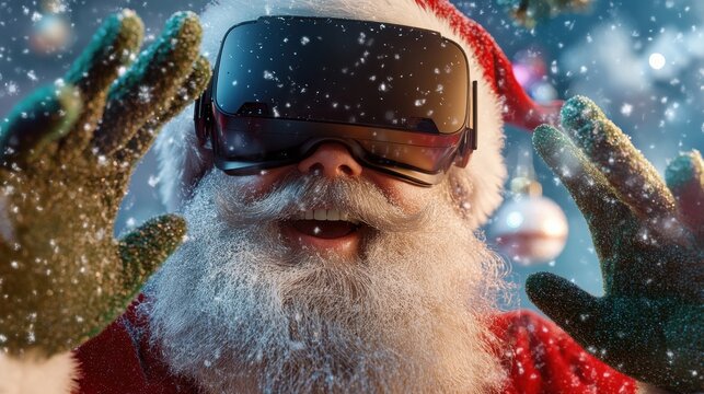 Joyful older man in Santa suit using virtual reality headset indoors