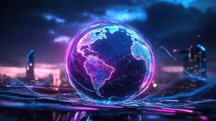 Glowing digital globe with cityscape at night in futuristic setting