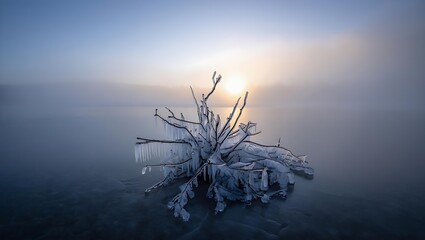 Frost covered tree branch on snowy lake shore at sunrise in winter