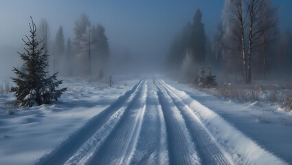 Fototapeta premium Snow covered road through forest in heavy winter fog, cold and mysterious winter morning landscape