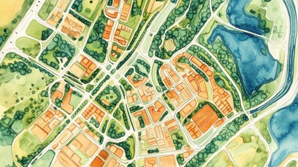 Aerial illustration of urban area with buildings and nature