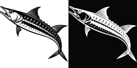 Sleek barracuda fish illustration in bold monochrome, perfect for nautical decor and sports branding