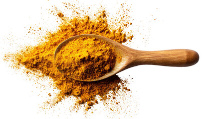 Golden spice powder in wooden spoon, scattered