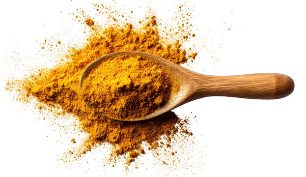 Golden spice powder in wooden spoon, scattered