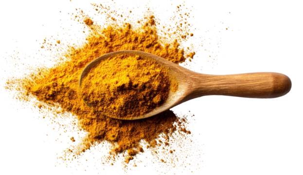 Golden spice powder in wooden spoon, scattered