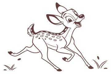 Cartoon Fawn Running with Joyful Expression on White Background Line Art