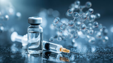 Medical vial and syringe with molecular structure background representing pharmaceutical research and drug development
