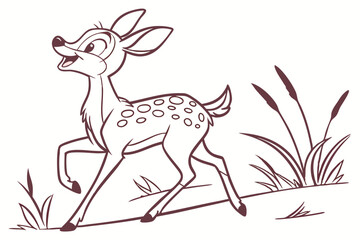 Cartoon Fawn Running with Outlines and Spot Pattern on White Background