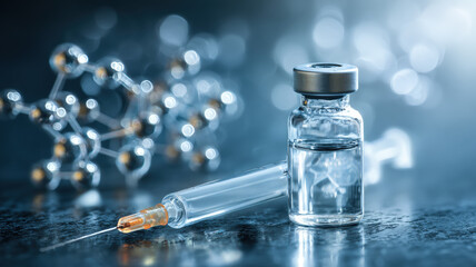 Medical vial and syringe with molecular structure background representing pharmaceutical research and drug development
