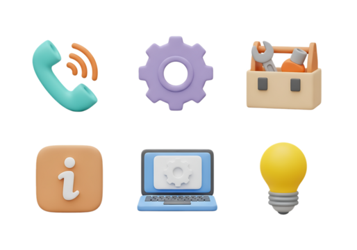3d icon of set of six 3d icons representing communication, tools, and information, isolated on transparent background