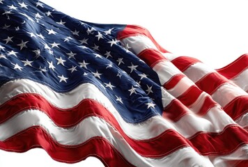 Waving flag with alternating red and white stripes and a blue field with white stars, seen close up