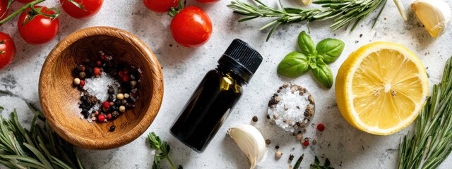 Overhead shot of fresh ingredients tomatoes, rosemary, basil, garlic, salt, peppercorns, olive oil, and lemon on a speckled white surface
