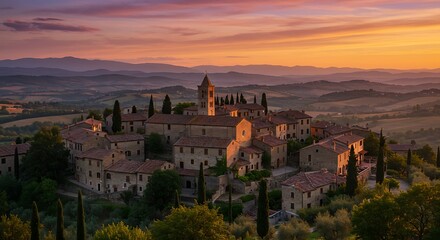 Fototapeta premium An idyllic medieval town in Tuscany, beautifully illuminated by the setting sun's warm light